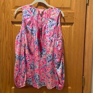 Sz M Lilly Pulitzer Cold Shoulder Long Sleeve Silk Blouse with Tassles